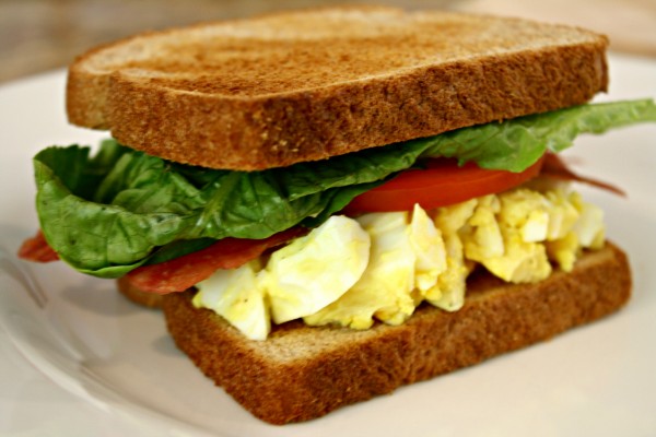 Egg Salad Sandwich with Bacon, Lettuce, and Tomato