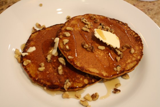 Pumpkin Protein Pancakes with Walnuts and Maple Syrup
