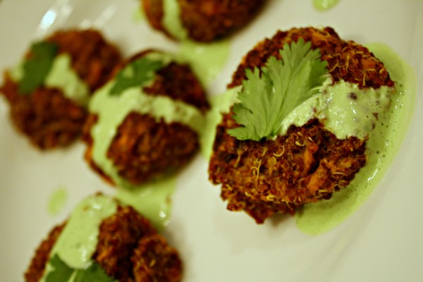 Curry Quinoa Sweet Potato Bites with Creamy Cilantro Sauce